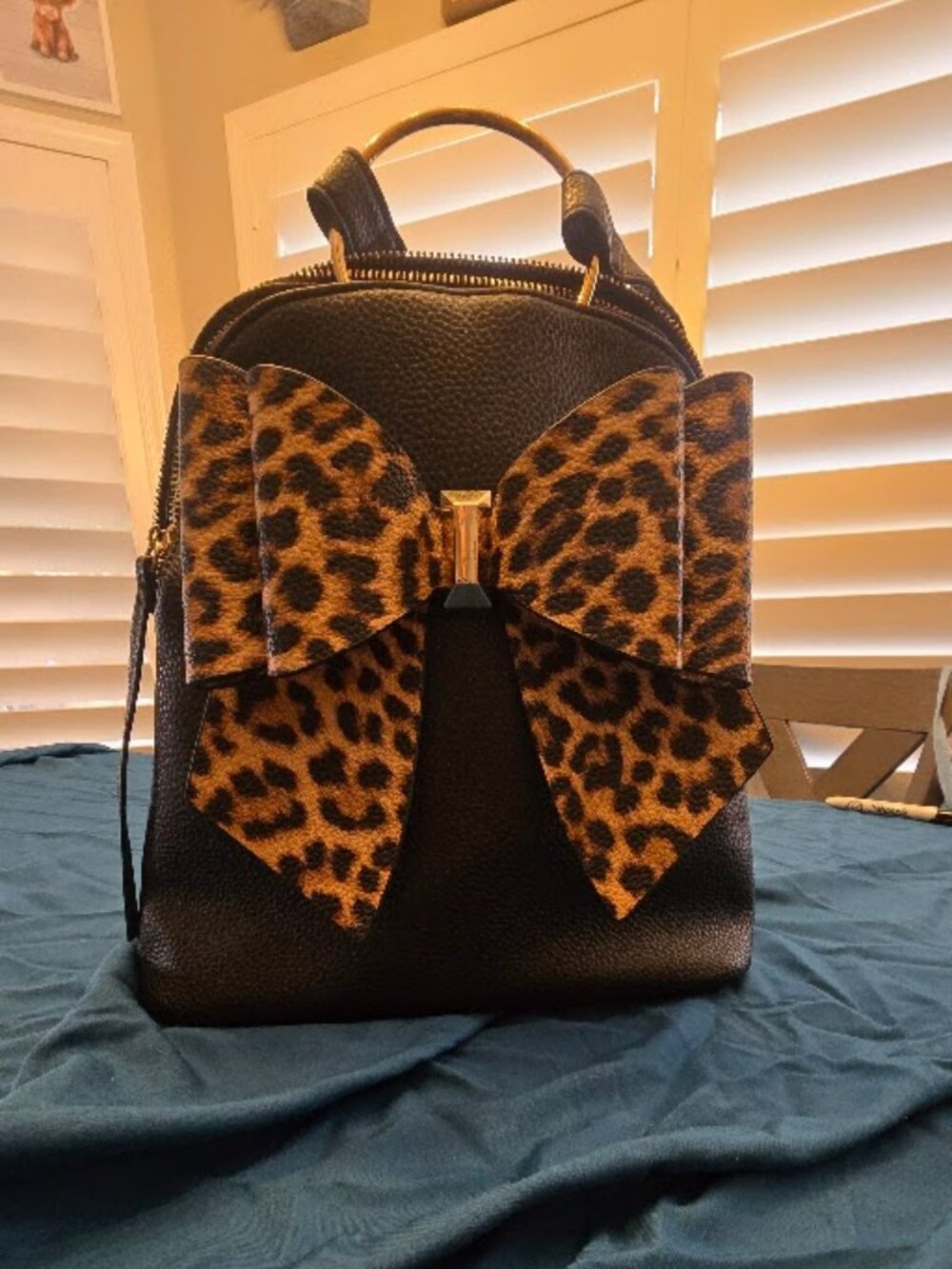 Like Dreams Black Vegan Leather Mini Backpack Leopard Print Statement Bow
